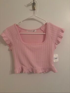 Altar'd State Pastel Pink Ribbed Square-Neck Ruffle Hem Crop Top